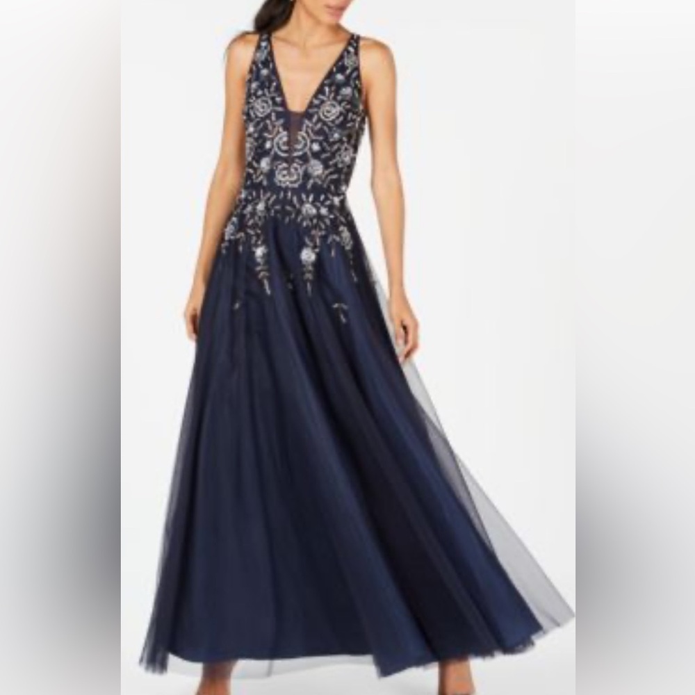 Adrianna Papell Navy Blue Sleeveless Backless Gown